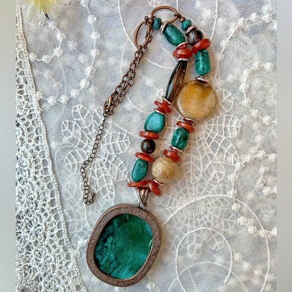 Asymmetrical Turquoise & Coral Beaded Fashion Statement Necklace - Picture 8 of 10
